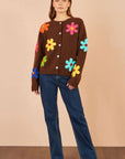 Yumi Brown Knitted Flower Applique Cardigan