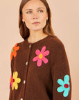 Yumi Brown Knitted Flower Applique Cardigan