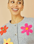 Yumi Grey Knitted Flower Applique Cardigan