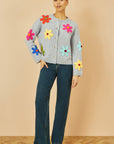 Yumi Grey Knitted Flower Applique Cardigan