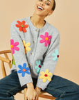 Yumi Grey Knitted Flower Applique Cardigan