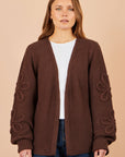 Yumi Brown Cardigan With Flower Detail Sleeves