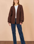 Yumi Brown Cardigan With Flower Detail Sleeves