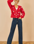 Yumi Red Hand Embroidered Chunky Knitted Cardigan
