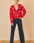 Yumi Red Hand Embroidered Chunky Knitted Cardigan