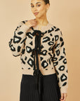 Yumi Beige Animal Print Intarsia Tie Front Cardigan