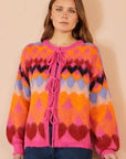 Yumi Pink Tie Front Heart Intarsia Cardigan