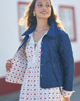 Yumi Blue Chambray Quilted Jacket With Cherry Lining