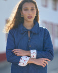 Yumi Blue Chambray Quilted Jacket With Cherry Lining