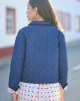Yumi Blue Chambray Quilted Jacket With Cherry Lining