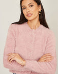 Yumi Pink Eyelash Knit Cropped Cardigan