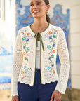 Yumi Ivory Crochet Knitted Tie Front Cardigan With Floral Embroidery