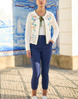 Yumi Ivory Crochet Knitted Tie Front Cardigan With Floral Embroidery