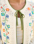 Yumi Ivory Crochet Knitted Tie Front Cardigan With Floral Embroidery