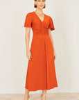 Yumi Orange Ruched Front Stretch Midi Dress