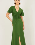 Yumi Green Ruched Front Stretch Midi Dress