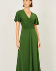 Yumi Green Ruched Front Stretch Midi Dress