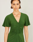 Yumi Green Ruched Front Stretch Midi Dress