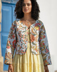 Yumi White Boho Print Cotton Reversible Quilted Jacket