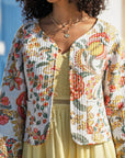 Yumi White Boho Print Cotton Reversible Quilted Jacket