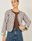 Yumi White Botanical Print Reversible Cotton Quilted Jacket