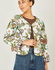 Yumi White Botanical Print Reversible Cotton Quilted Jacket