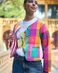 Yumi Multicolour Checked Cropped Reversible Cotton Quilted Jacket