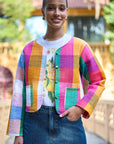 Yumi Multicolour Checked Cropped Reversible Cotton Quilted Jacket