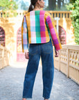 Yumi Multicolour Checked Cropped Reversible Cotton Quilted Jacket