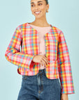 Yumi Multicolour Checked Reversible Cotton Quilted Jacket