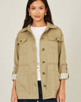 Yumi Green Utility Jacket With Drawstring Waist and Stripe Lining