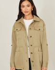 Yumi Green Utility Jacket With Drawstring Waist and Stripe Lining