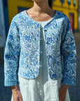 Yumi Blue Boho Floral Print Cropped Reversible Cotton Quilted Jacket