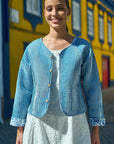 Yumi Blue Boho Floral Print Cropped Reversible Cotton Quilted Jacket