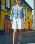 Yumi Blue Boho Floral Print Cropped Reversible Cotton Quilted Jacket