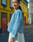 Yumi Blue Boho Floral Print Cropped Reversible Cotton Quilted Jacket
