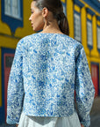 Yumi Blue Boho Floral Print Cropped Reversible Cotton Quilted Jacket