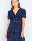 Yumi Navy Spot Print Lace Trim Skater Dress