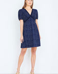 Yumi Navy Spot Print Lace Trim Skater Dress