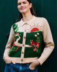 Yumi Beige Fox Scene Viscose Knitted Box Jacket