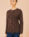 Yumi Brown Knitted Fitted Peplum Cardigan