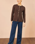 Yumi Brown Knitted Fitted Peplum Cardigan
