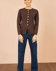 Yumi Brown Knitted Fitted Peplum Cardigan