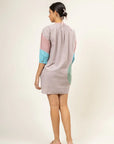 Premium multicolor button-down shirt dress with upcycled cotton panels, loose comfortable fit, gathered neck, inseam pocket by Bethikal at brixbailey.com