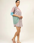 Premium multicolor button-down shirt dress with upcycled cotton, loose comfortable fit, side pocket, stylish gathered neck by Bethikal at brixbailey.com
