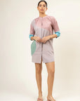 Luxury multicolor button-down shirt dress with panels, upcycled cotton slub fabric, loose comfortable fit, stylish tunic length by Bethikal at brixbailey.com