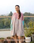 Premium multicolor upcycled cotton button-down shirt dress, loose comfortable fit, gathered neck, inseam pocket, stylish tunic length by Bethikal at brixbailey.com