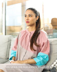 Luxury multicolor upcycled cotton button-down shirt dress with side pockets, loose comfortable fit, stylish gathered neckline, 38-inch length by Bethikal at brixbailey.com