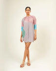 Luxury multicolor upcycled cotton button-down shirt dress with panels, loose comfortable fit, gathered neck, side pocket by Bethikal at brixbailey.com