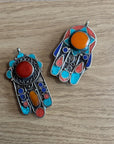 Handcrafted Hamsa Pendant - Tibetan Nepal - Amber, Coral Stone - Fatima Hands